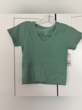 Francesca's Collections Ribbed V-Neck Top in Sage Green